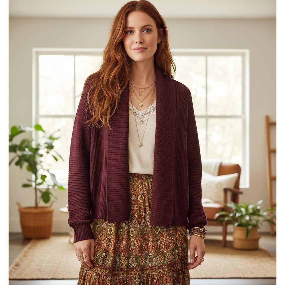 Loft Burgundy Maroon Ribbed Cardigan Sweater Boho Whimsigoth Moody Academia Sz S